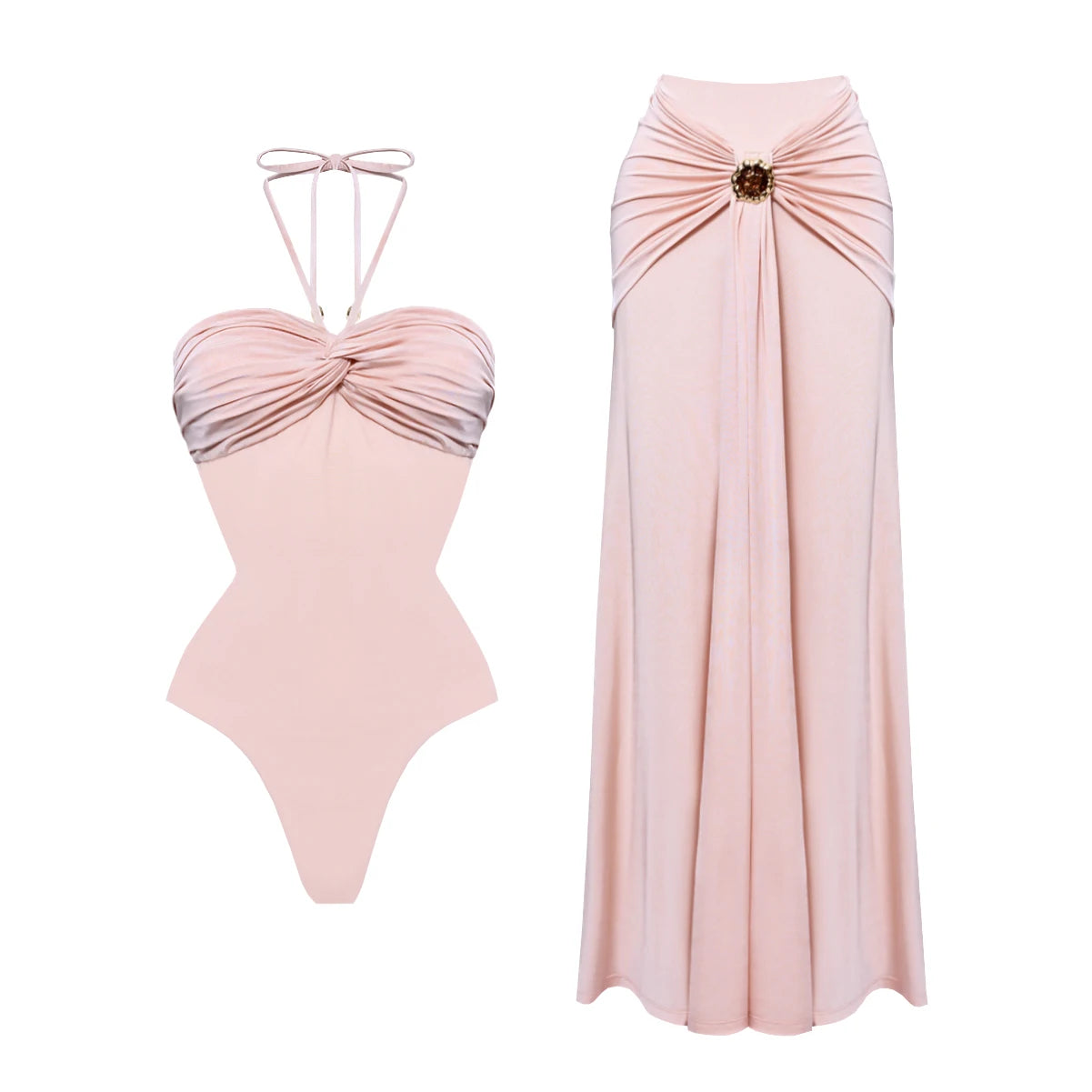 Striped Cutout One-Piece Swimsuit with Long Skirt