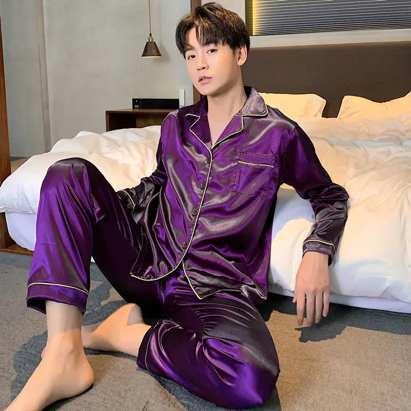 Men's Satin Look Long Sleeve Shirt and Pants Pajama Set