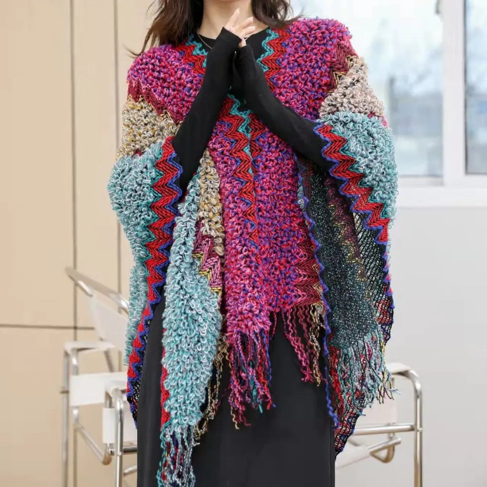 Zigzag Knit Fringe Poncho for Layering over Outfits