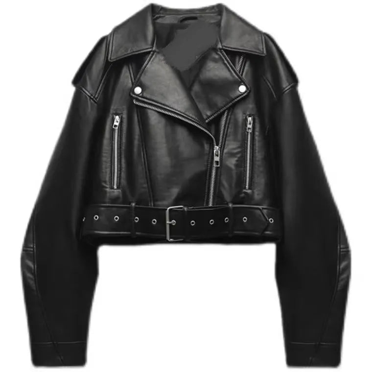 Women's Belted Faux Leather Biker Jacket for Layered Outfits