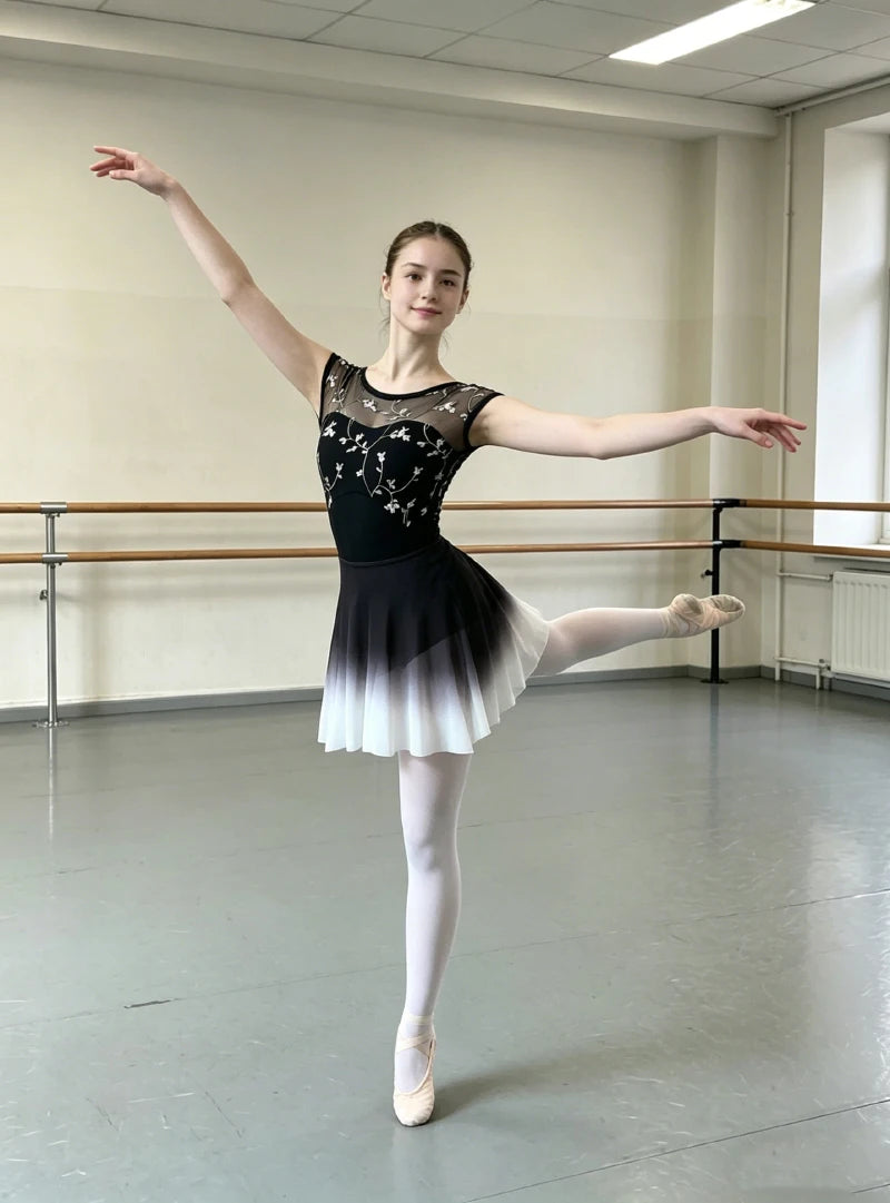 Women's Floral Embroidered Ballet Leotard with Mesh Upper and Open Back