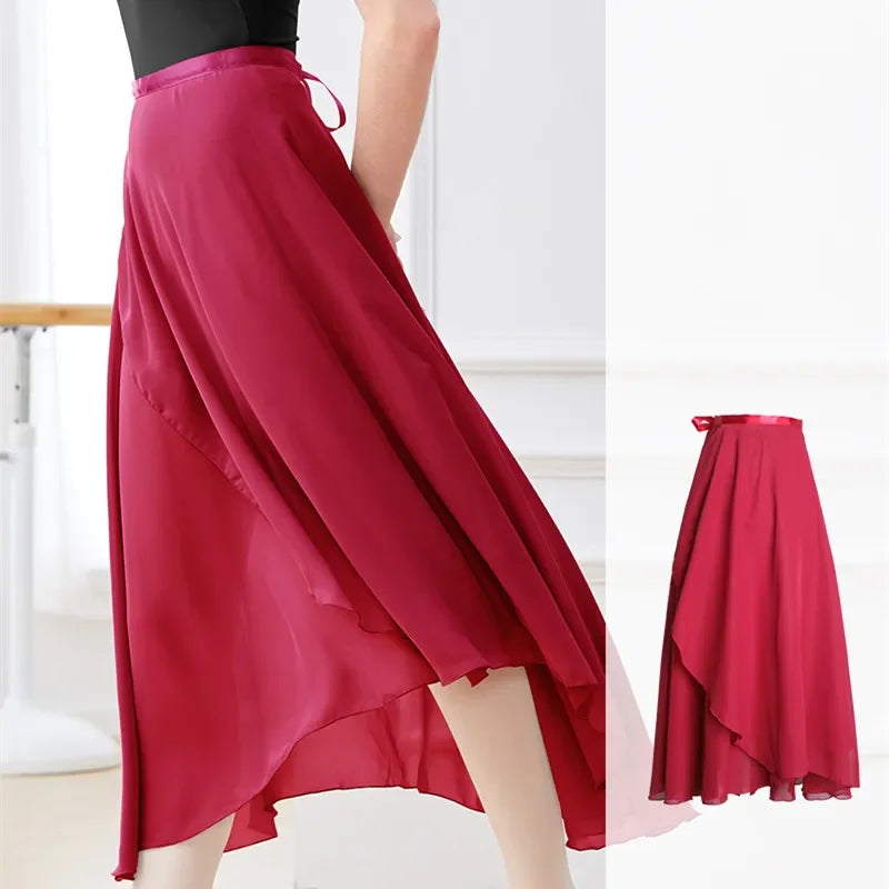 Women's Long Ballet Wrap Skirt with Flowing Hem and Tie Waist