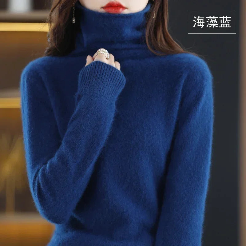 Women's Fluffy Roll Neck Long Sleeve Sweater Casual Knit Layer