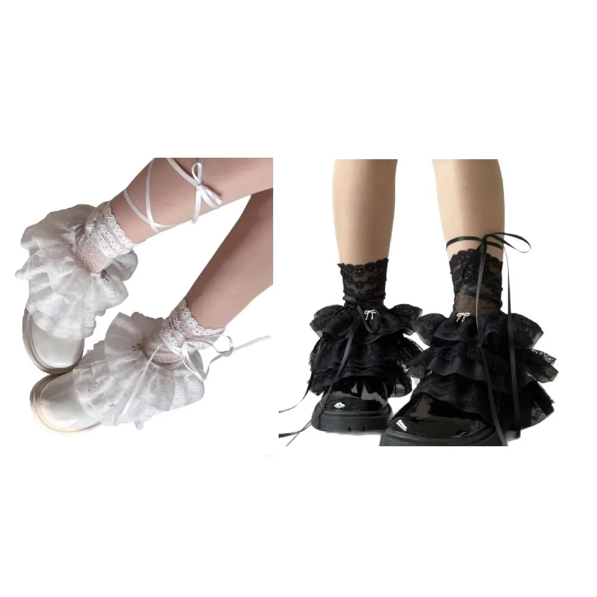 Ruffled Lace Ankle Leg Warmers with Ribbon Tie Details