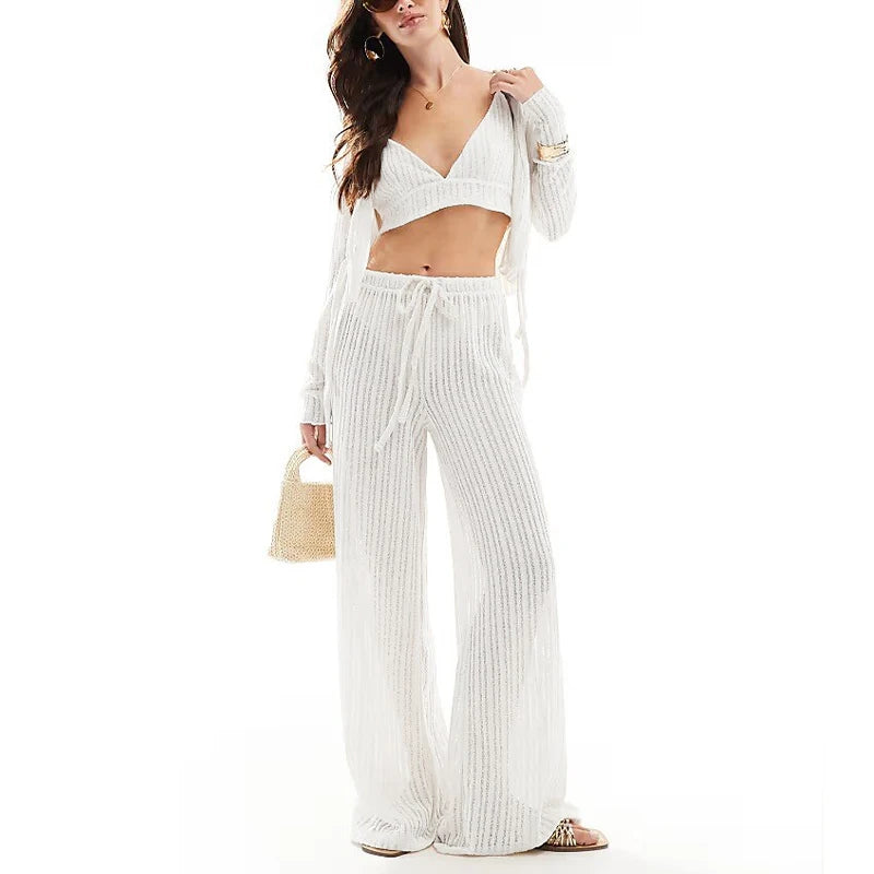 Women's Linen-Polyester Two-Piece Lounge Set with Long-Sleeve Button-Front Top and Elastic-Waist Pants