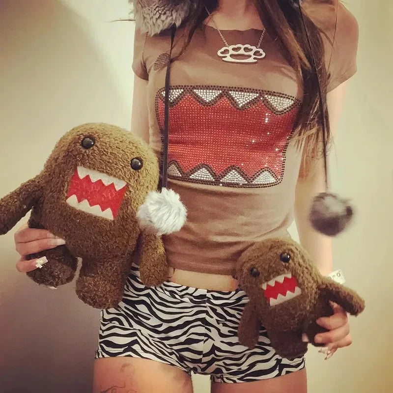 Women's Cartoon Monster Print Polyester Blend Crop T Shirt with Short Sleeves