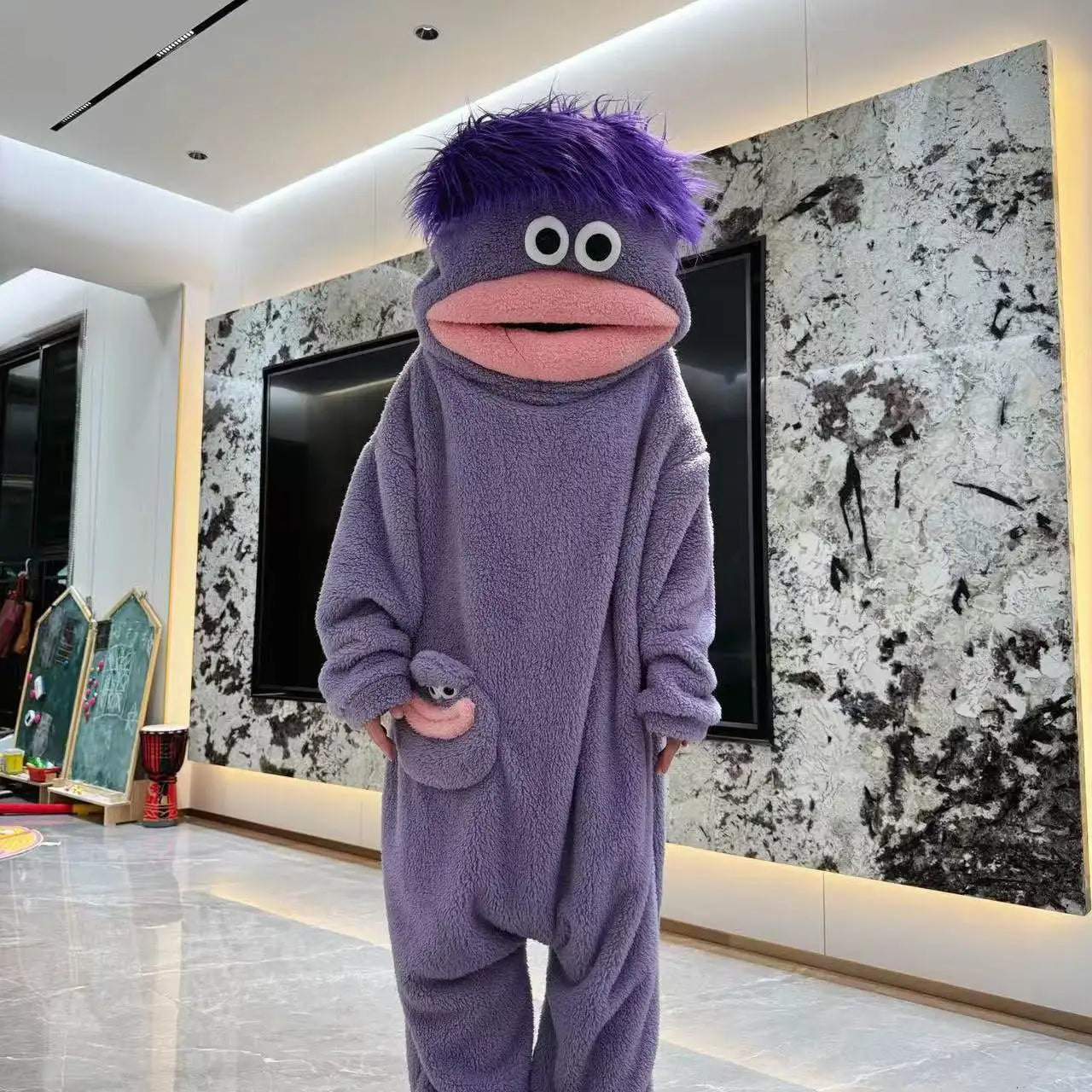 Cartoon Hooded Zip Front Long Sleeve Plush Pajama Jumpsuit