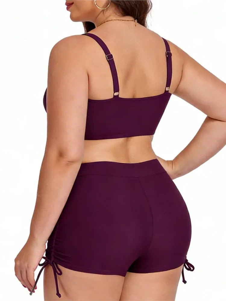 Women's Ruched Crop Top and Side Tie Shorts Bikini Set