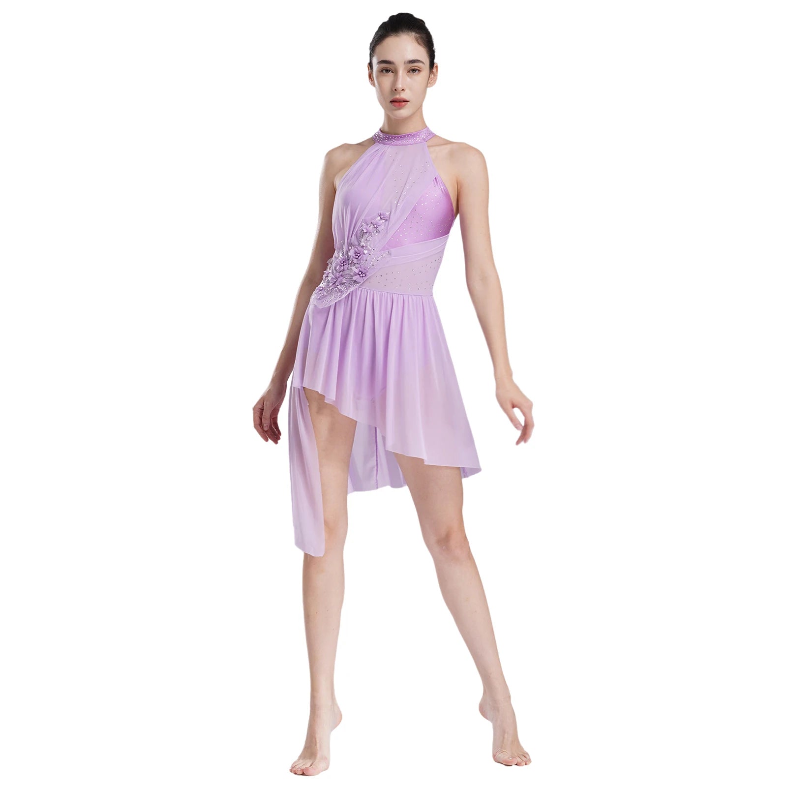 Women's High-Low Dance Dress with Mesh Panels and Skirt Overlay