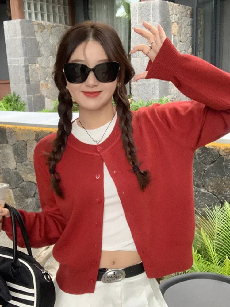 Women's Cotton-Polyester Solid Long-Sleeve Crewneck Button-Front Knit Cardigan for Everyday Layered Outfits