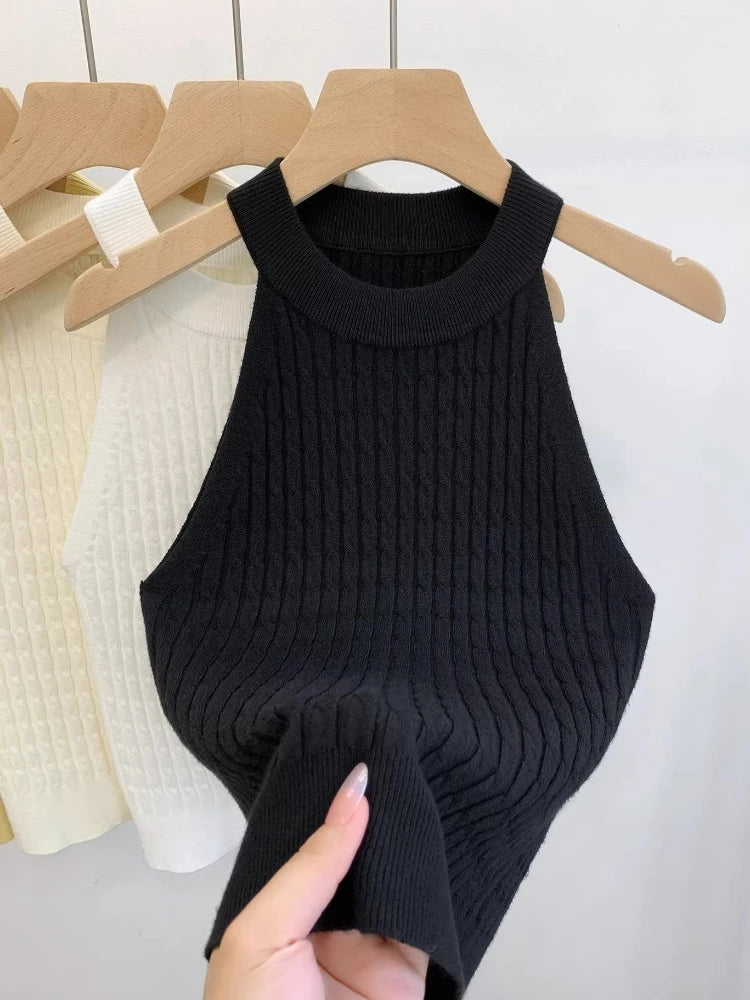 Women's High Neck Ribbed Polyester Crop Tank Top with Sleeveless Cut