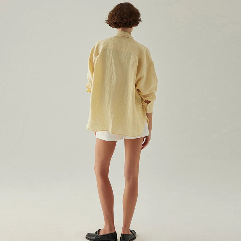 Women's Linen Long-Sleeve Button-Up Shirt with Loose Fit for Casual Everyday Outfits