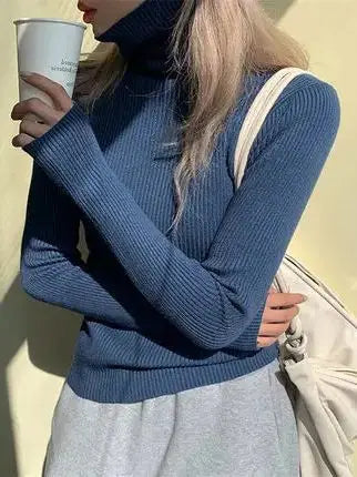 Women's Ribbed Roll Neck Long Sleeve Sweater Casual Knit Layer