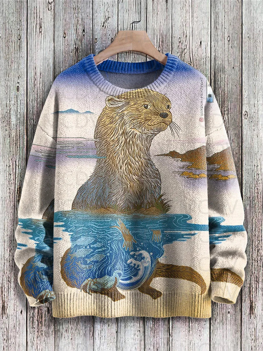 Japanese Art-Print Crewneck Knit Sweater