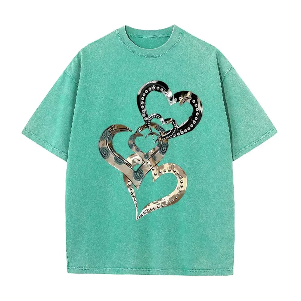 Retro Acid Wash Oversized T-shirt Metallic Multi Heart Print Punk Rivet Design Casual Street Tops