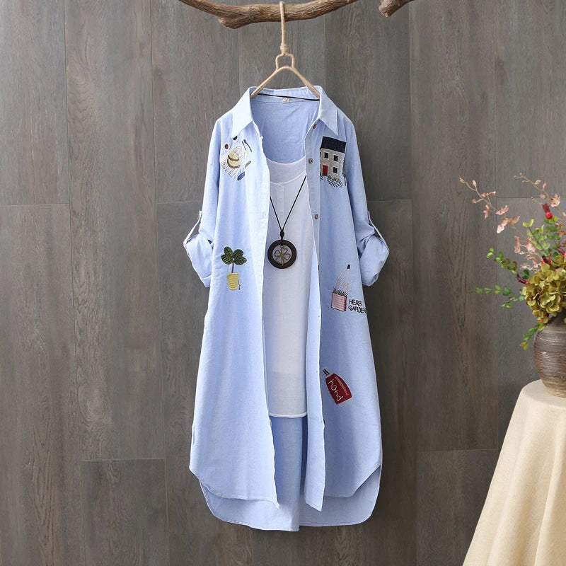 Women's Embroidered Longline Button Front Shirt