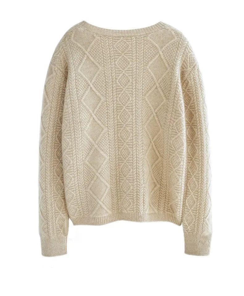 new autumn and winter cashmere twisted floral women's round neck cardigan sweater loose 100%wool