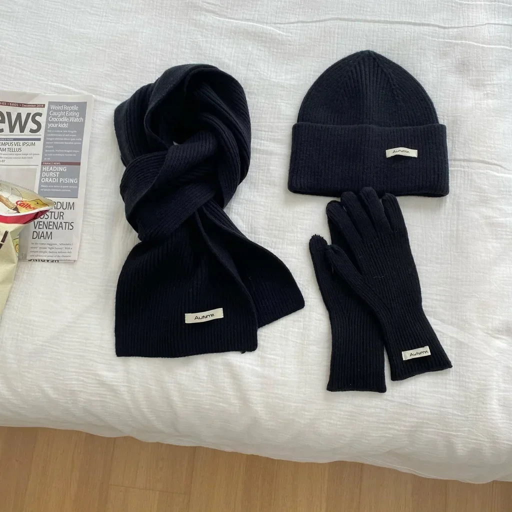 Women's Solid Knitted Hat Scarf and Gloves Set for Winter Wear
