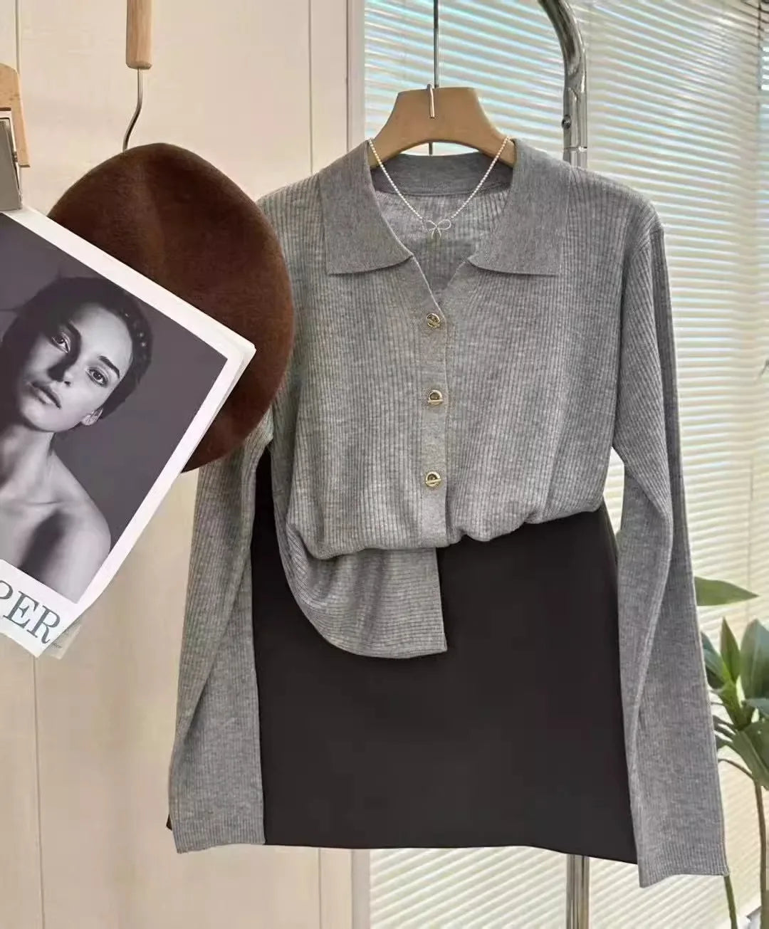 POLO lapel cashmere knit cardigan women's spring and autumn thin loose sweater short wool coat