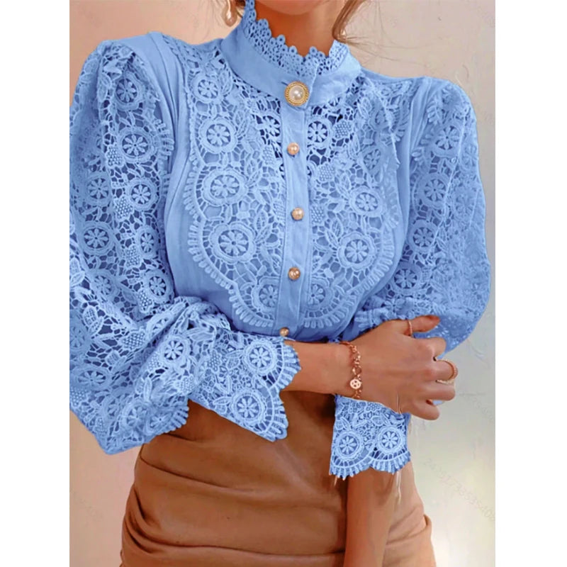 Women's Lace Stand Collar Long Sleeve Button Front Blouse
