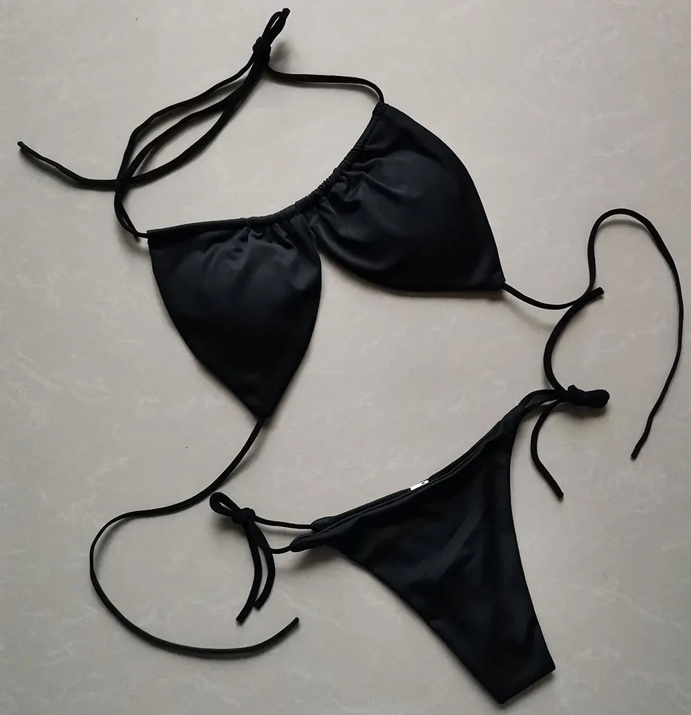Women's Tie String Triangle Bikini Top and Thong Set