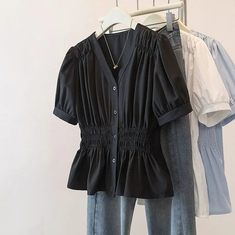 Women's Smocked Waist V Neck Button Front Blouse