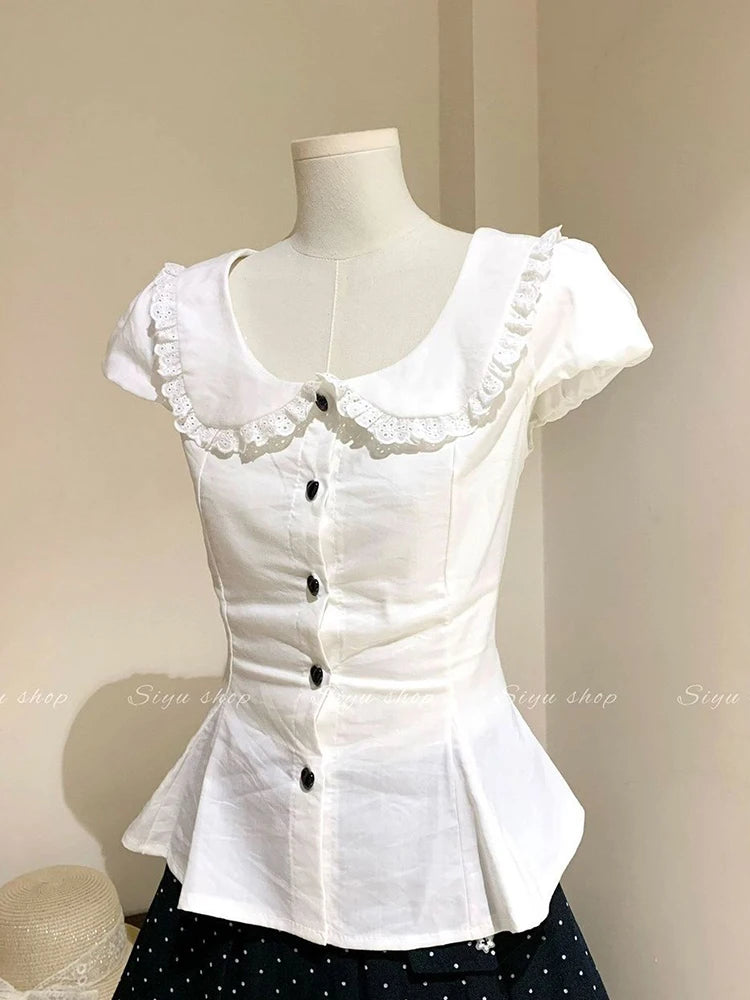 Women's Lace Detail Peter Pan Collar Button Front Shirt