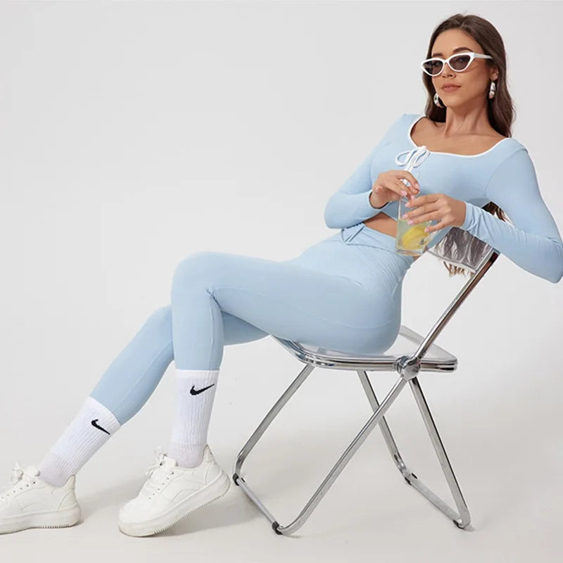 Women's Long-Sleeve Crop Top and Leggings Workout Set