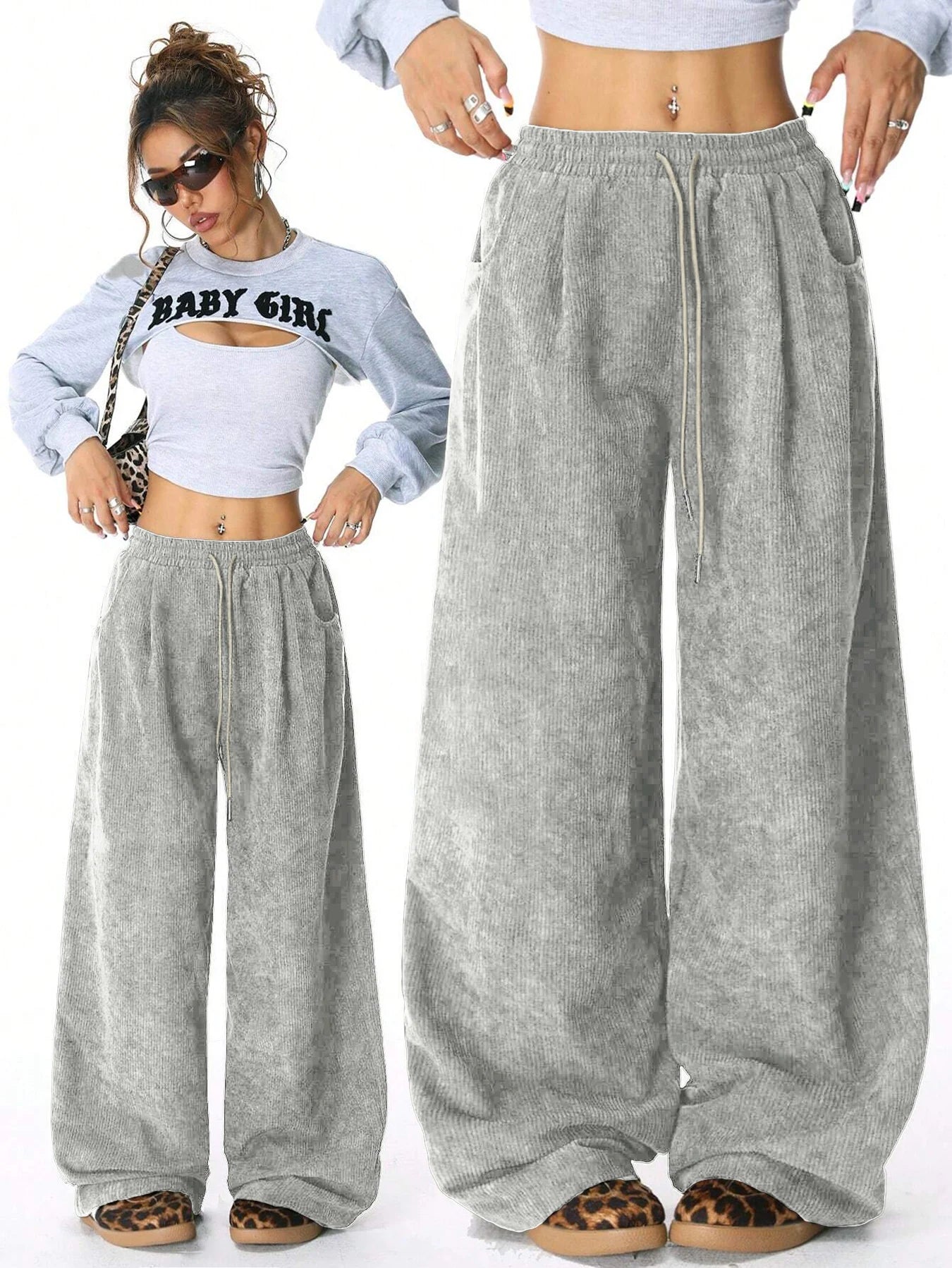 Women's Corduroy Style Drawstring Pants with Wide Legs and Pockets