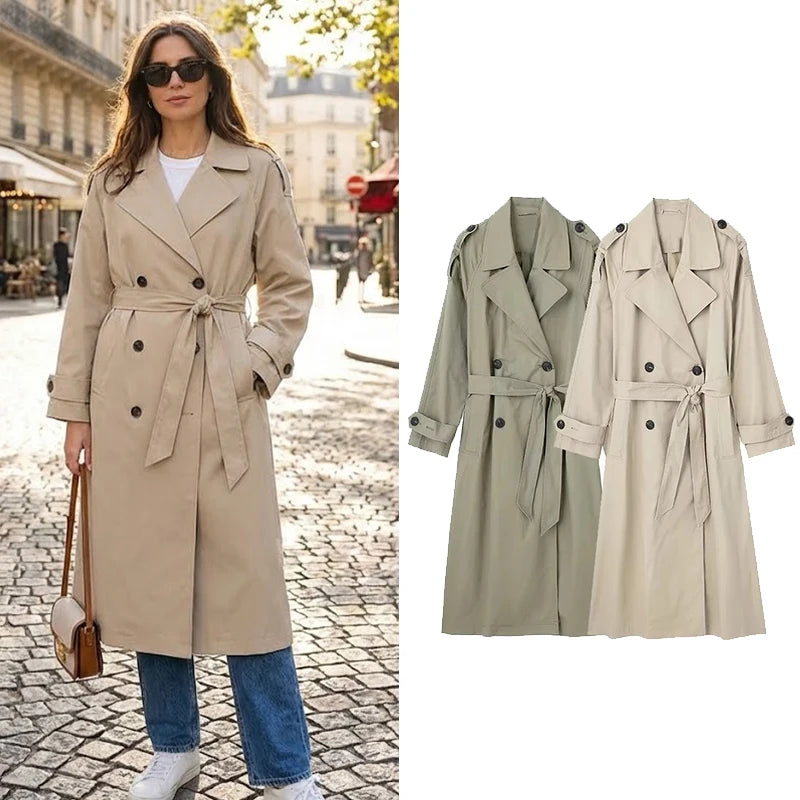 Willshela Belted Double-Breasted Long Trench Coat