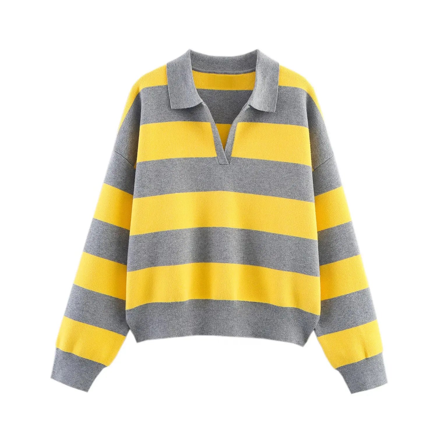 Women's Striped Polo Collar Loose Fit Sweater Casual Knit Layer