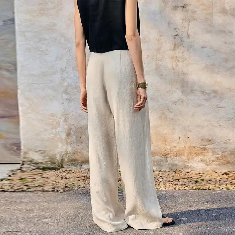 Women's Linen Loose Straight-Leg Pants with Drawstring Waist for Casual Daily Wear