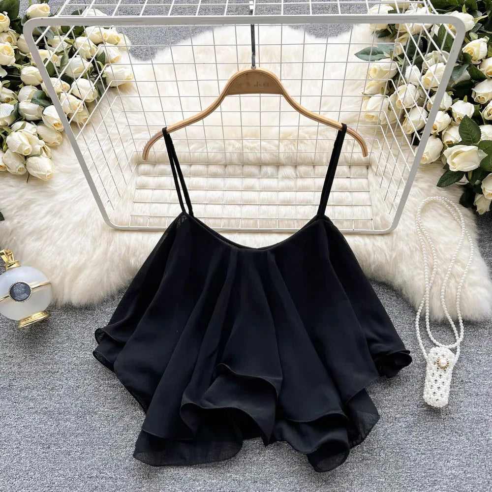 Women's Solid Polyester Ruffle Crop Camisole with Thin Shoulder Straps
