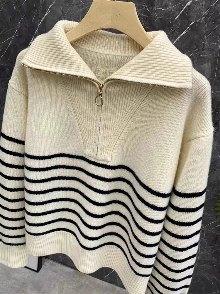 Autumn/Winter new classic striped zipper turtleneck + lapel 100% cashmere knit sweater women's bottom sweater