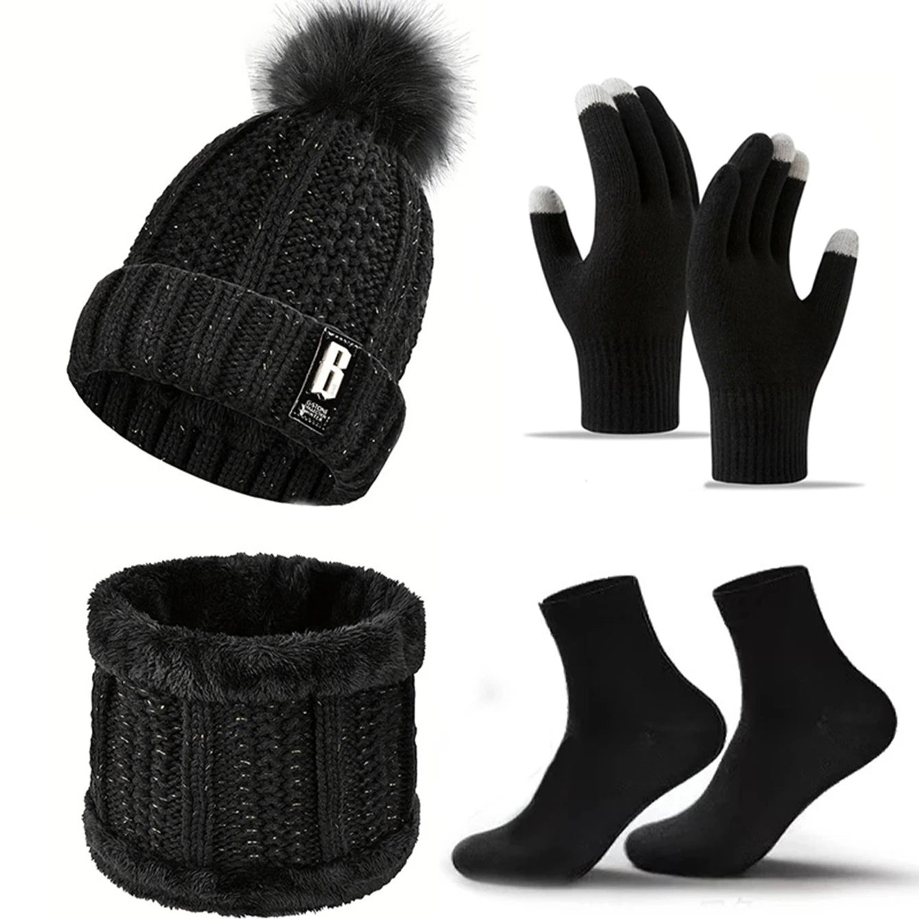 Winter Beanie Hat Gloves Scarf and Socks Set for Adult Wear
