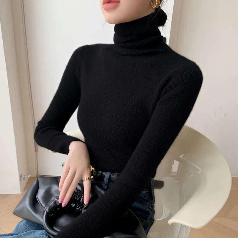 Women's Fitted Roll Neck Long Sleeve Sweater Casual Knit Layer