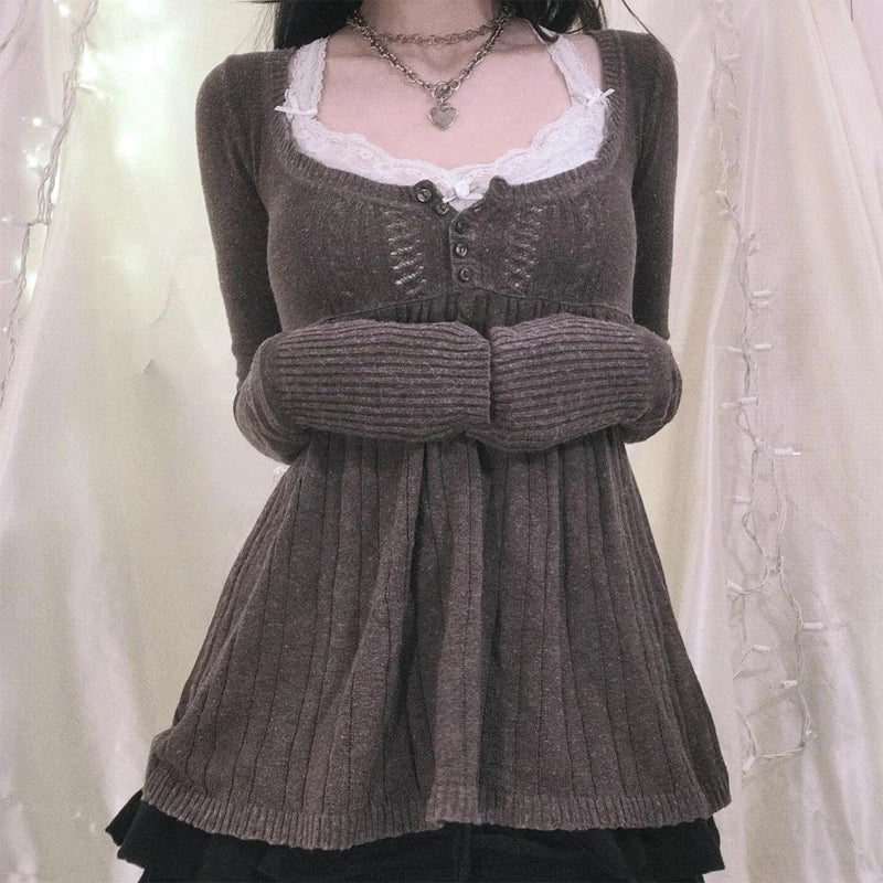 Women's Square Neck Lace Knit Sweater Casual Knit Layer