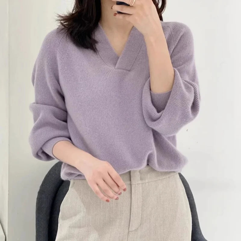 V-neck pure cashmere sweater women autumn and winter loose and versatile knitted sweater short wool base layer