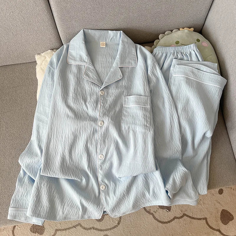 Men's Solid Contrast Trim Button Front Shirt and Pants Pajama Set