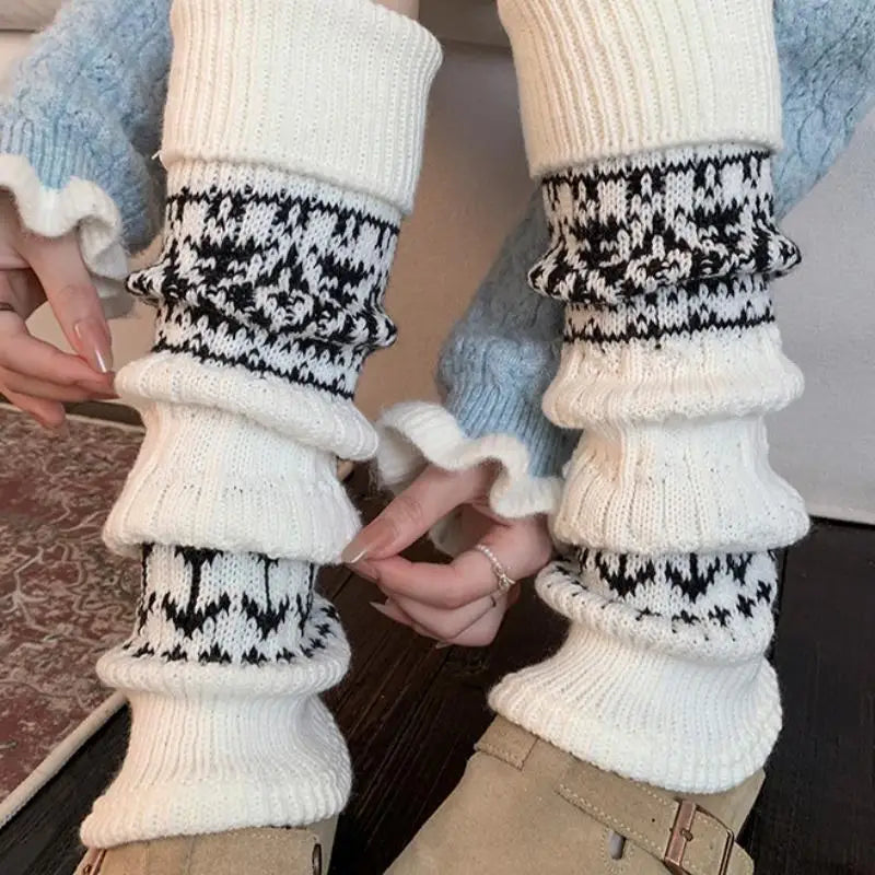 Patterned Knit Leg Warmers with Foldable Ribbed Cuffs