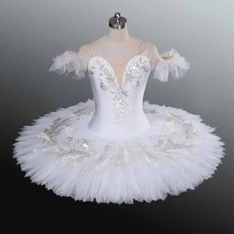 Girls' White Pancake Ballet Tutu Costume with Decorated Bodice and Kids Sizes