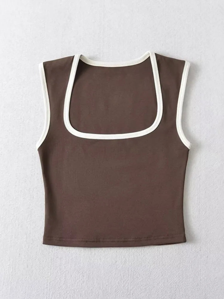 Women's Square Neck Crop Top with Contrast Trim and Cropped Length