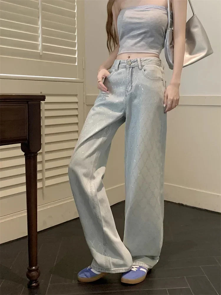 Women's Argyle Diamond Pattern Wide Leg Denim Jeans