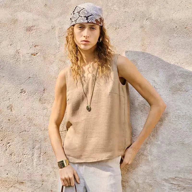 Women's Linen Sleeveless V-Neck Relaxed Tank Top for Casual Summer Everyday Outfits