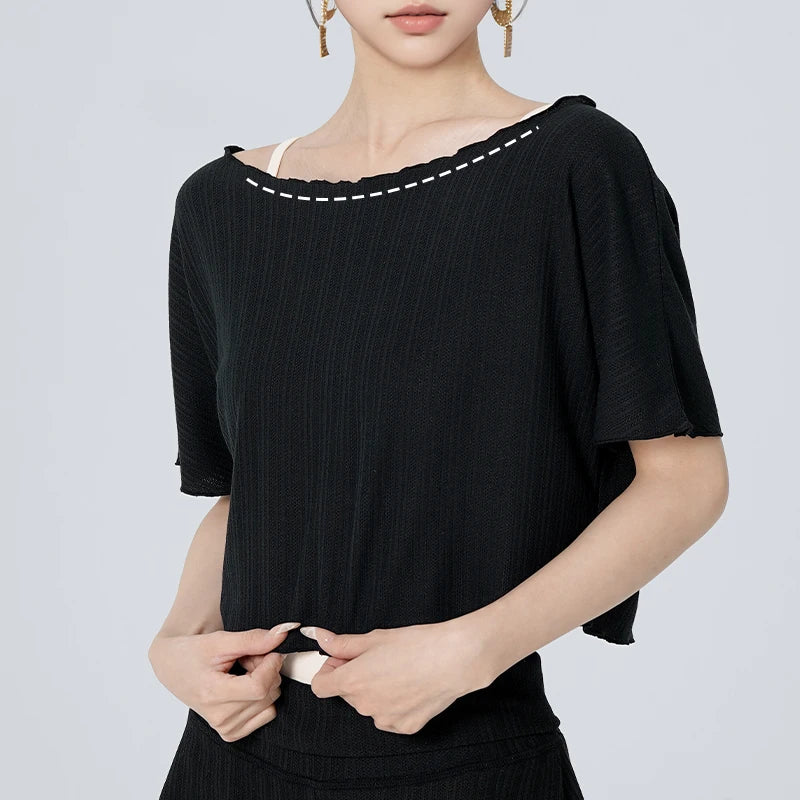 Women's Off Shoulder Cropped Ballet T-Shirt with Short Sleeve Design