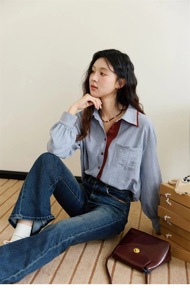 Women's Striped Shirt with Contrast Collar and Buttons