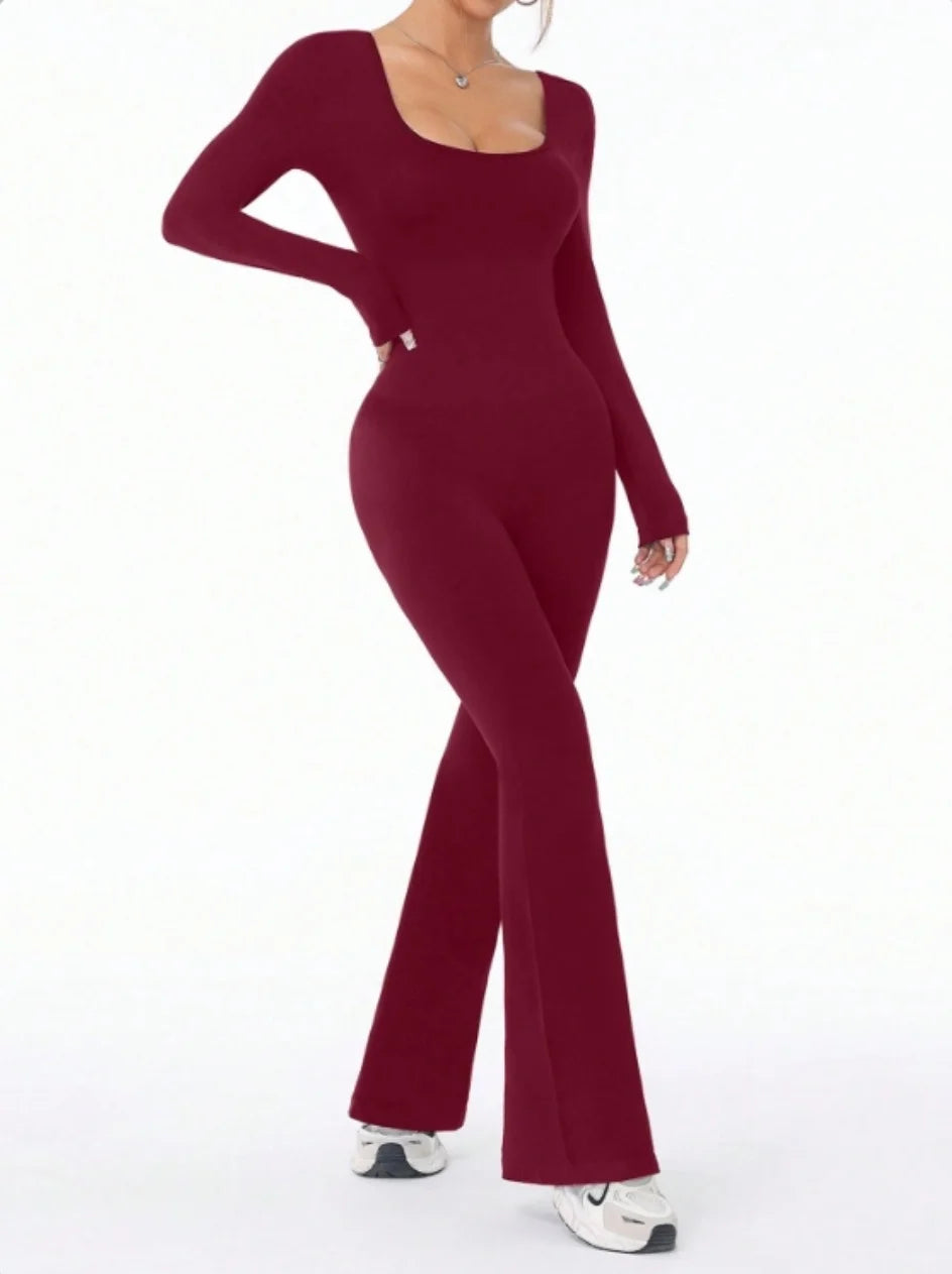 Women's Long Sleeve Nylon Blend Flared Workout Jumpsuit with Double Back Cutouts