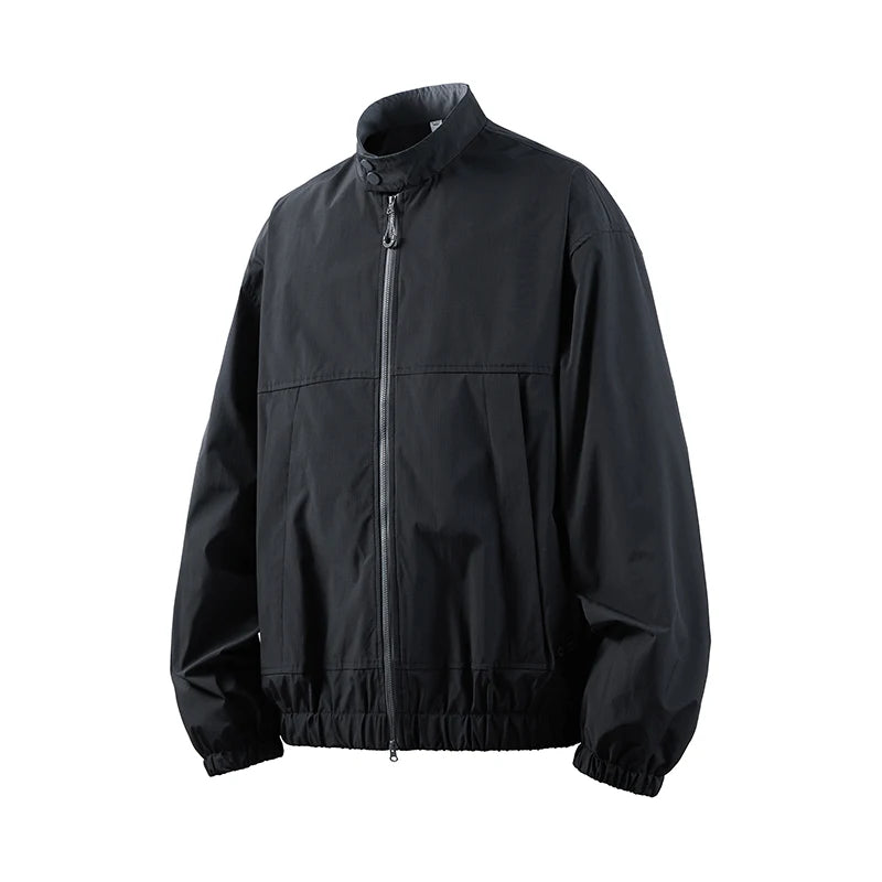 Stand-Collar Zip-Up Windbreaker Jacket with Elastic Hem for Outdoor Wear