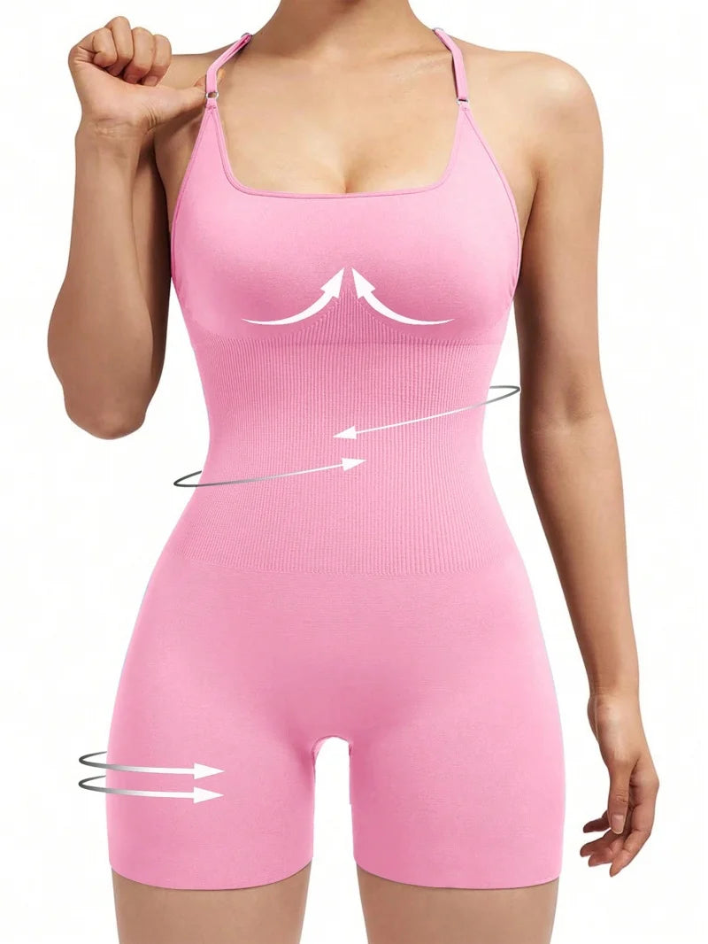 Women's Strappy Open Back Nylon Blend Romper for Yoga and Workouts