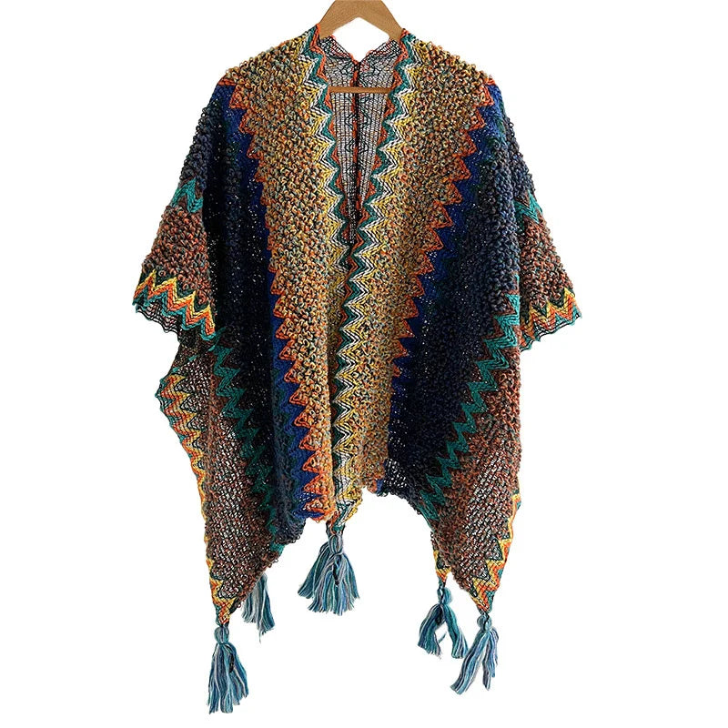 Zigzag Knit Tassel Poncho for Layering over Outfits